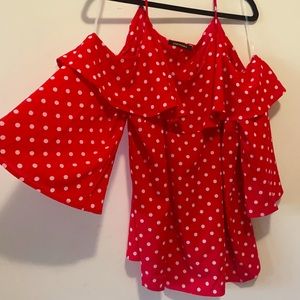 Flounce Off Shoulder Sleeved Red Polka Dot Top